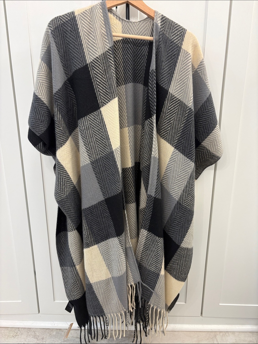 Super Soft Plaid Fringe Poncho - Black, Gray & Cream 100% Polyester